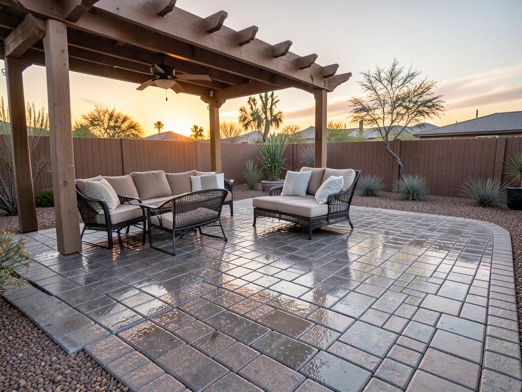 Clean sealed paver patio with pergola at sunset
